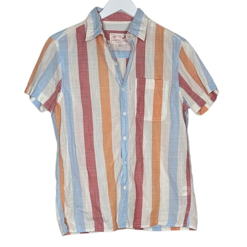 American Eagle Men Sze Small Striped Button Down Red Blue Cotton Vacation Summer